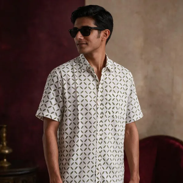 Hand_Blockprinted_Cotton_Half_Sleeve_Shirt_For_Men_Regular_Fit_White_Green_Motifs
