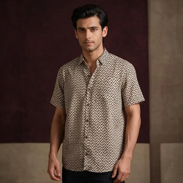Hand_Blockprinted_Cotton_Half_Sleeve_Shirt_For_Men_Regular_Fit_Cream_Black_Chevron