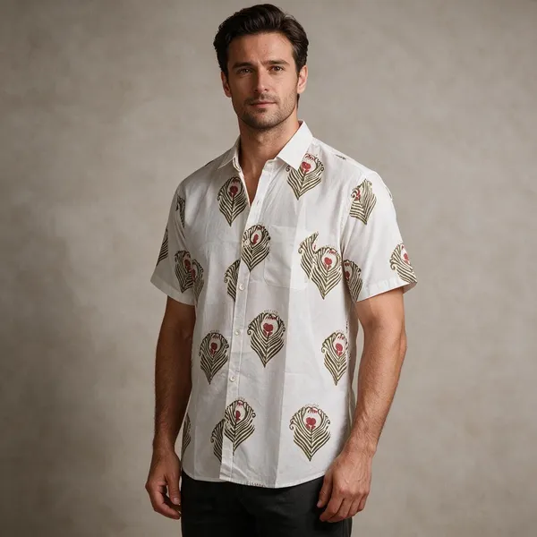 Hand_Blockprinted_Cotton_Half_Sleeve_Shirt_For_Men_Regular_Fit_White_Green_Morpankh