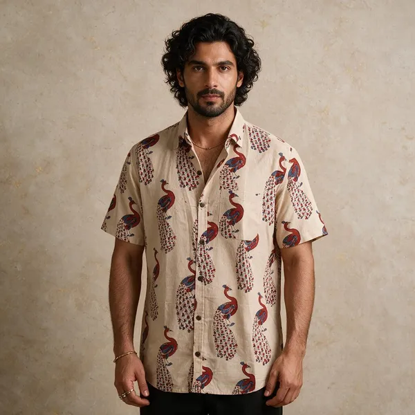 Hand_Blockprinted_Cotton_Half_Sleeve_Shirt_For_Men_Regular_Fit_Beige_Peacock_Design