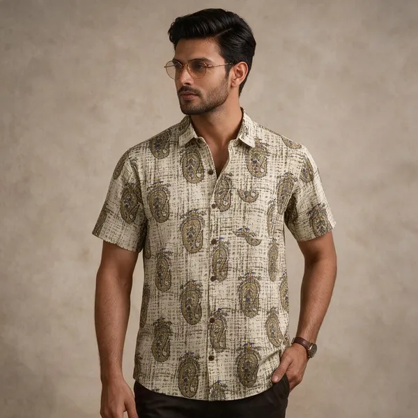 Hand_Blockprinted_Cotton_Half_Sleeve_Shirt_For_Men_Regular_Fit_Beige_Black_Paisley_Design