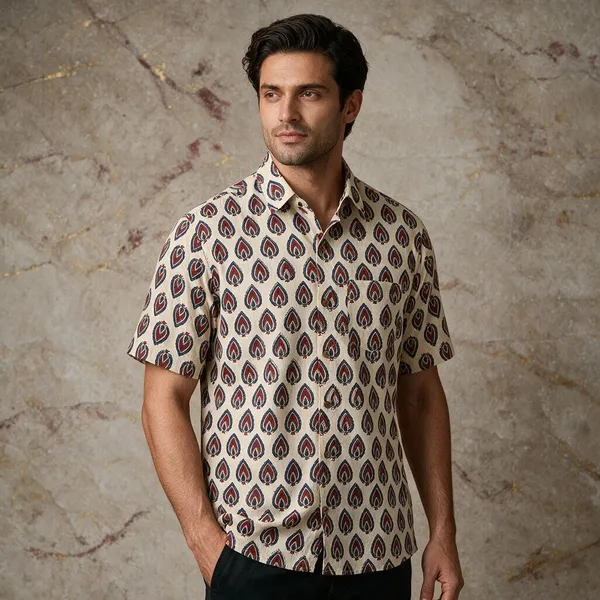 Hand_Blockprinted_Cotton_Half_Sleeve_Shirt_For_Men_Regular_Fit_Beige_Red_Blue_Motifs
