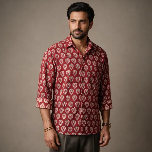 Hand_Blockprinted_Cotton_Full_Sleeve_Shirt_For_Men_Regular_Fit_Red_White_Motifs