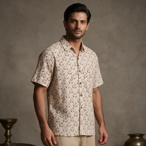 Hand_Blockprinted_Cotton_Half_Sleeve_Shirt_For_Men_Regular_Fit_Beige_Brown_Motifs