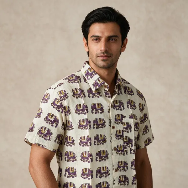 Hand_Blockprinted_Cotton_Half_Sleeve_Shirt_For_Men_Regular_Fit_Beige_Elephant_Pattern
