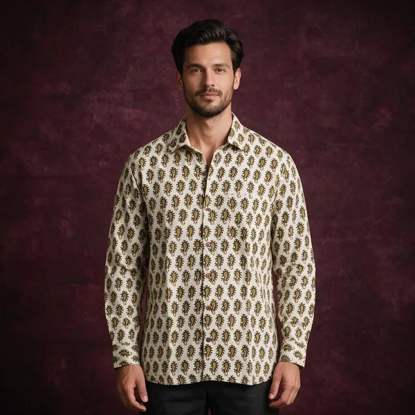 Hand_Blockprinted_Cotton_Full_Sleeve_Shirt_For_Men_Regular_Fit_Beige_Brown_Paisley_Motifs
