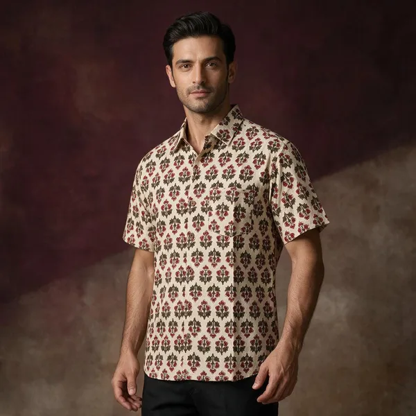 Hand_Blockprinted_Cotton_Half_Sleeve_Shirt_For_Men_Regular_Fit_Beige_Brown_Red_Floral_Pattern