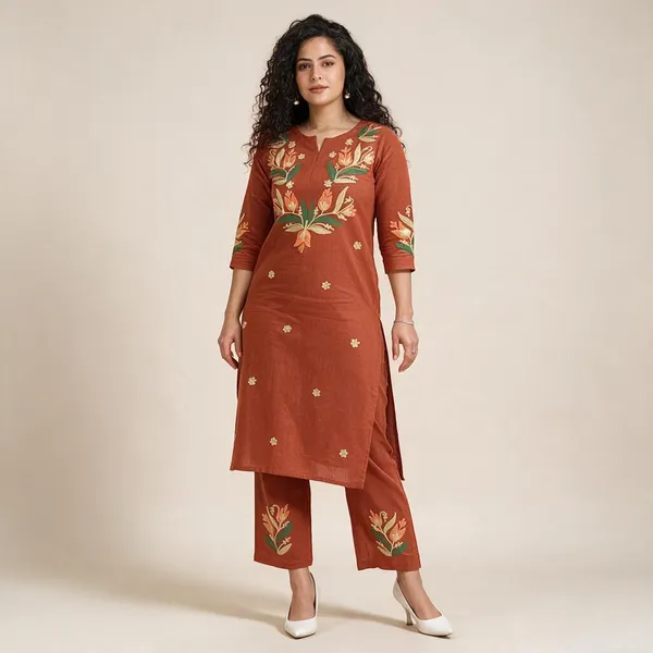 Rust_Orange_Embroidered_Kurta_Set_With_Floral_Pants