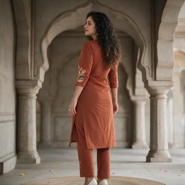 Rust_Orange_Embroidered_Kurta_Set_With_Floral_Pants