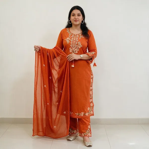 Rust_Emboridery_Yog_Kurti_With_Pant_And_Emboridery_Duppta_Sat
