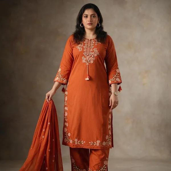 Rust_Emboridery_Yog_Kurti_With_Pant_And_Emboridery_Duppta_Sat