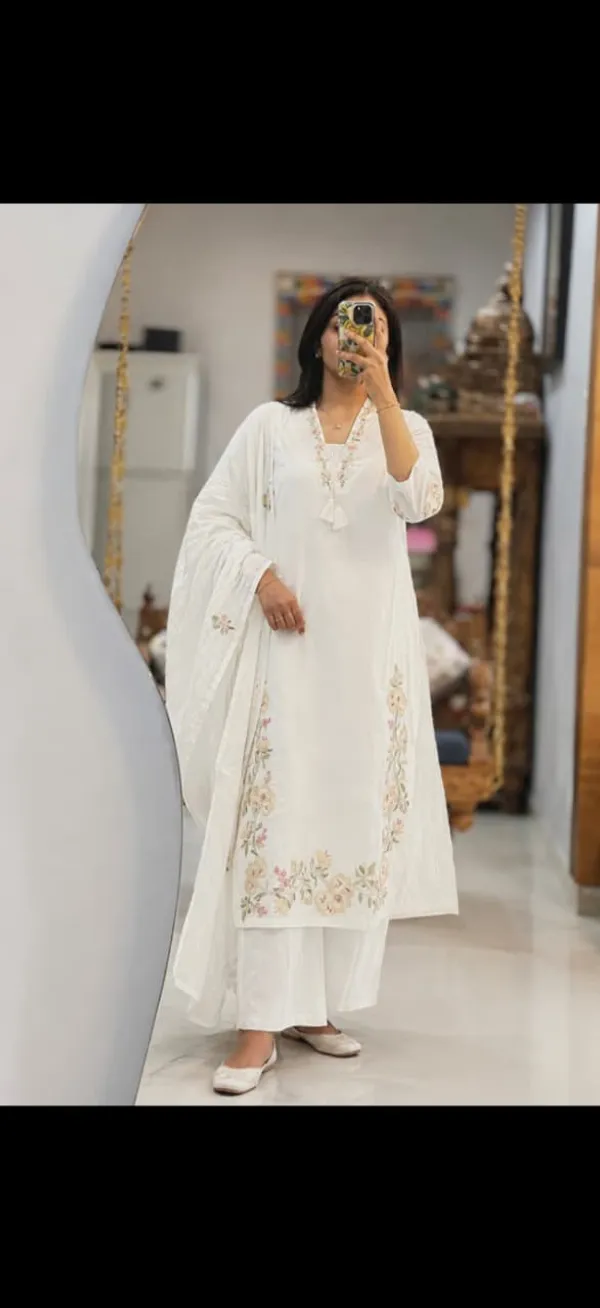 White_v_neck_style_emboridery_kurti_with_pant_and_emboridery_duppta_sat_
