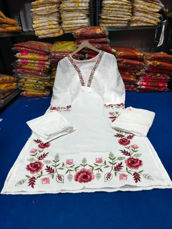 White_v_neck_style_emboridery_kurti_with_pant_and_emboridery_duppta_sat_