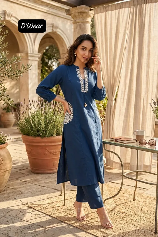 blue_v_neck_doubal_side_pocket_kurti_with_pant_