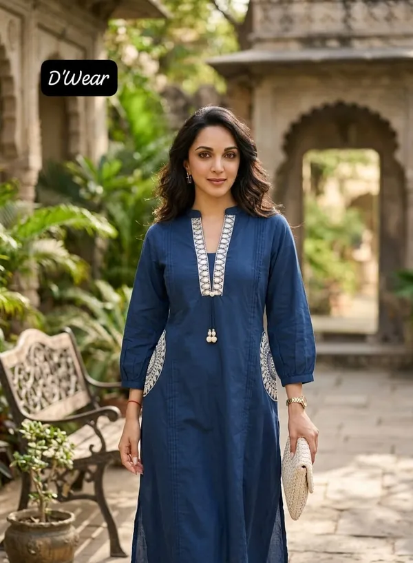 blue_v_neck_doubal_side_pocket_kurti_with_pant_