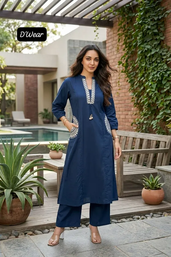 blue_v_neck_doubal_side_pocket_kurti_with_pant_