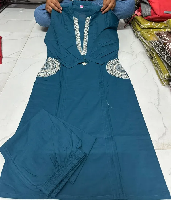 blue_v_neck_doubal_side_pocket_kurti_with_pant_