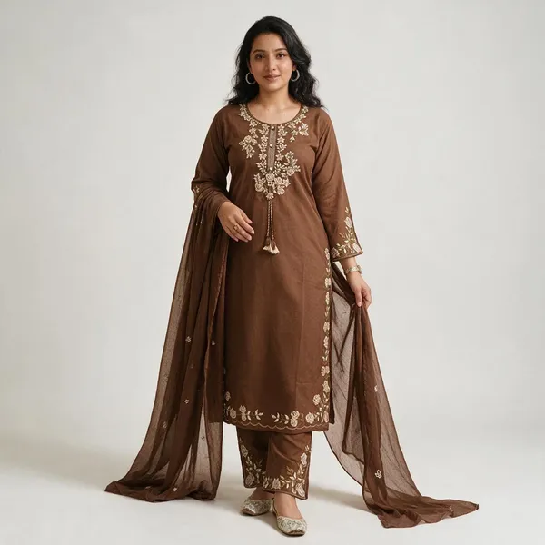 Coffe_New_Emboridery_Kurti_With_Pant_And_Duppta_Sat