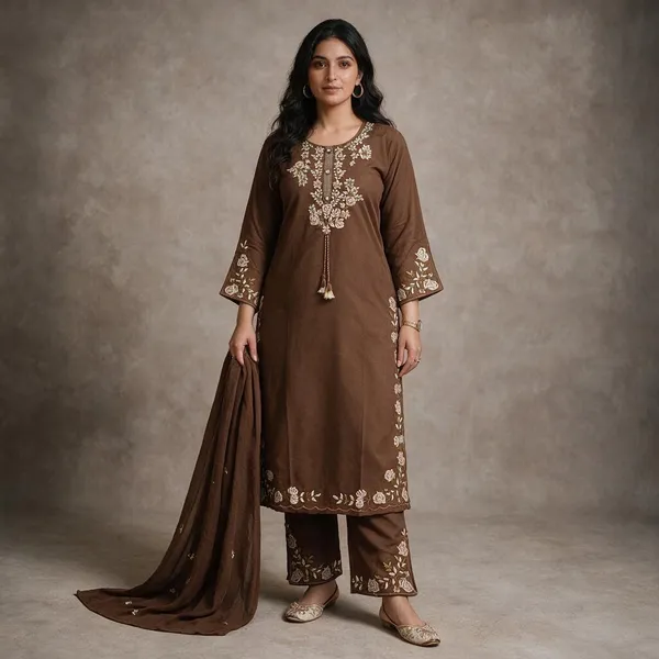 Coffe_New_Emboridery_Kurti_With_Pant_And_Duppta_Sat