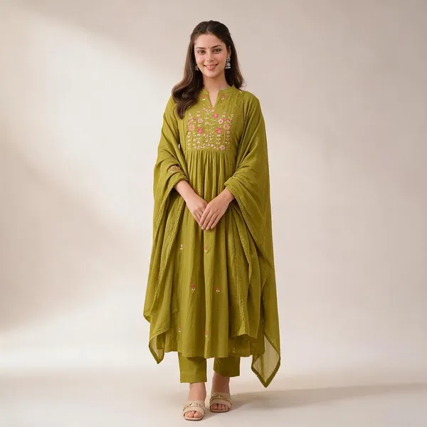Olive_Green_Embroidered_Anarkali_Kurta_Set_With_Dupatta