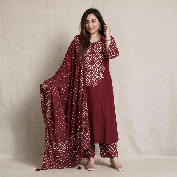 Maron_Bandhej_Kurti_With_Pant_And_Duppta_Sat