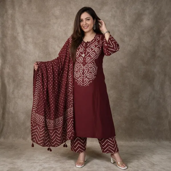 Maron_Bandhej_Kurti_With_Pant_And_Duppta_Sat