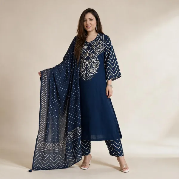 Navy_Blue_Bandhej_Kurti_With_Pant_And_Duppta_Sat