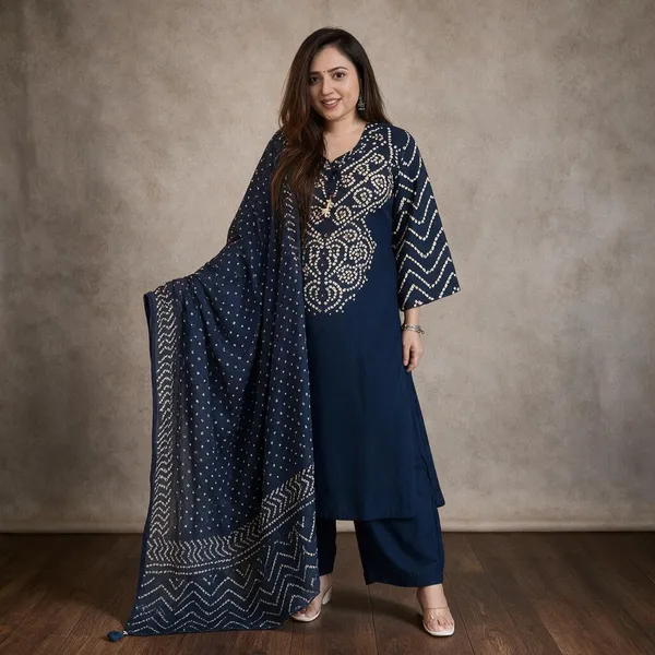 Navy_Blue_Bandhej_Kurti_With_Pant_And_Duppta_Sat
