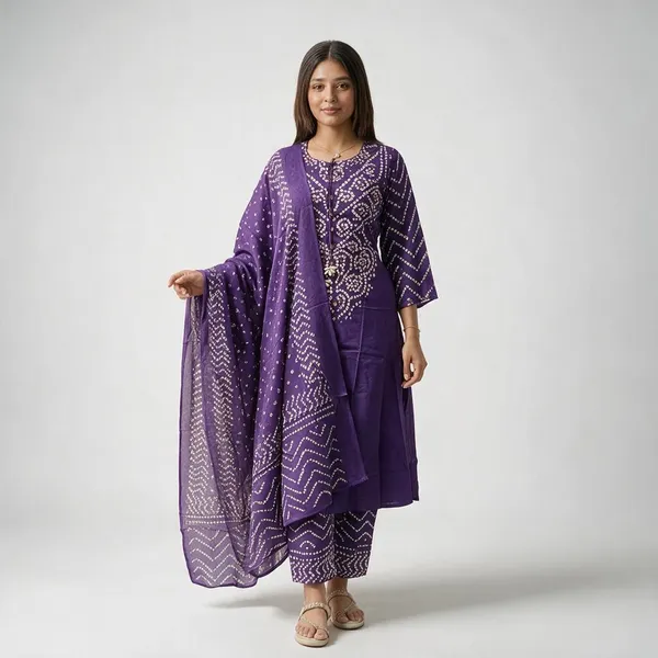 Purple_Bandhej_Kurti_With_Pant_And_Duppta_Sat