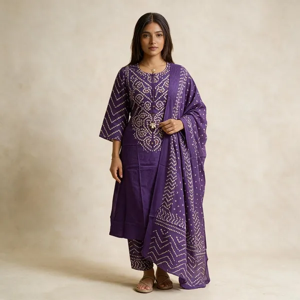 Purple_Bandhej_Kurti_With_Pant_And_Duppta_Sat