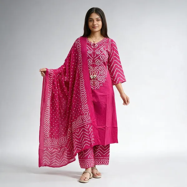 Rani_Bandhej_Kurti_With_Pant_And_Duppta_Sat