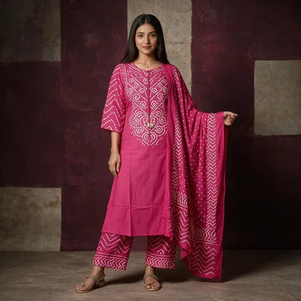 Rani_Bandhej_Kurti_With_Pant_And_Duppta_Sat