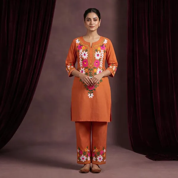 Orange_Floral_Embroidered_Kurti_Pant_Set_For_Women