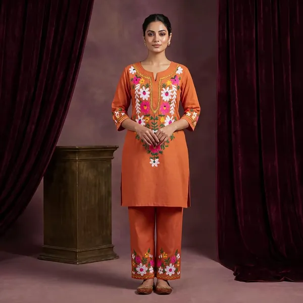 Orange_Floral_Embroidered_Kurti_Pant_Set_For_Women