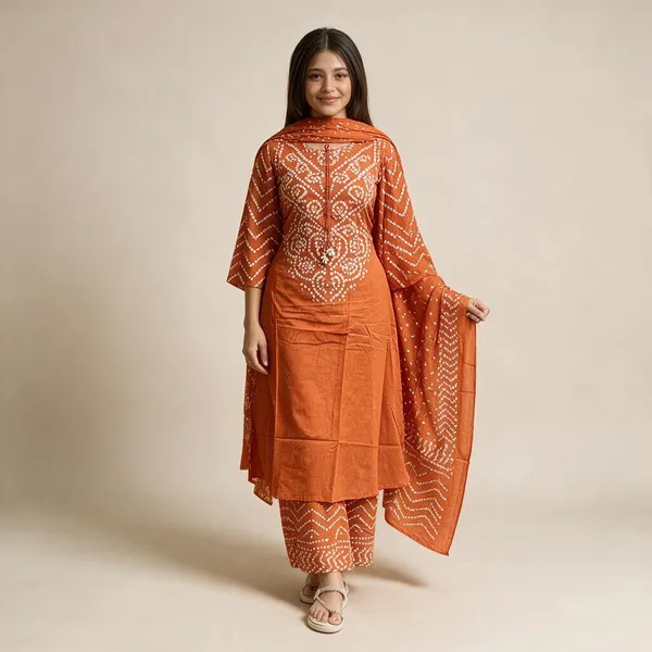 Rust_Bandhej_Kurti_Eith_Pant_And_Duppta_Sat