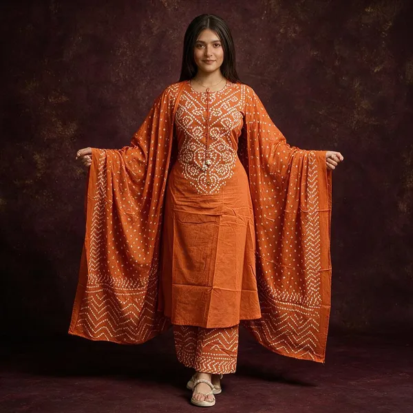 Rust_Bandhej_Kurti_Eith_Pant_And_Duppta_Sat