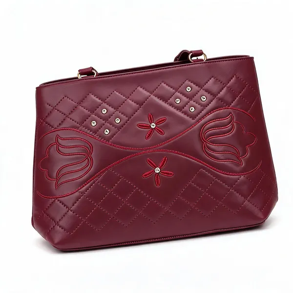 Maroon_Leather_Embroidered_Tote_Handbag_For_Women