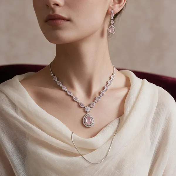 Silver_Tone_Pink_Stone_Necklace_And_Earrings_Set_for_Women