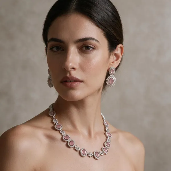 Silver_Tone_Pink_Stone_Necklace_And_Earrings_Set_for_Women