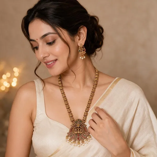Gold_Tone_Lakshmi_Pendant_Necklace_And_Earrings_Set