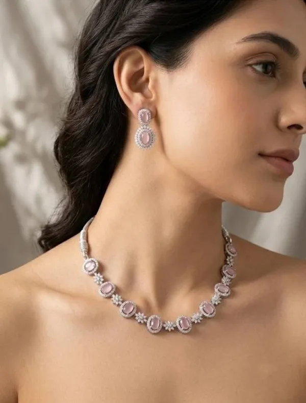 Silver_Tone_Pink_Stone_Necklace_And_Earrings_Set_for_Women