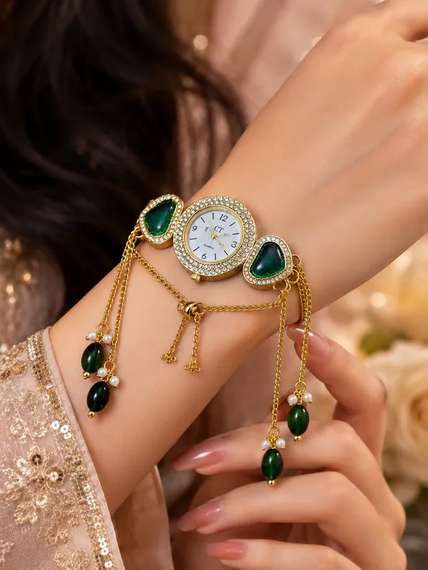 Gold_Green_Stone_Bracelet_Watch_for_Women