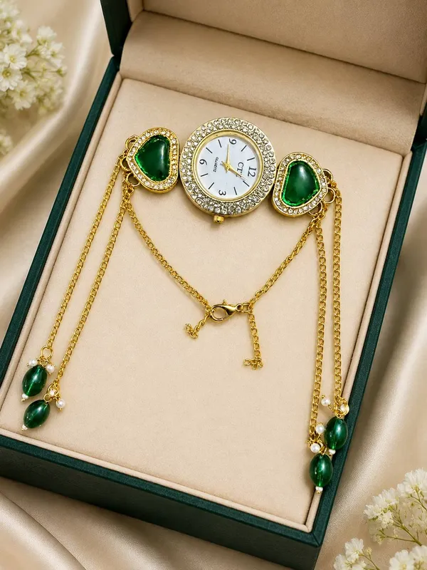 Gold_Green_Stone_Bracelet_Watch_for_Women