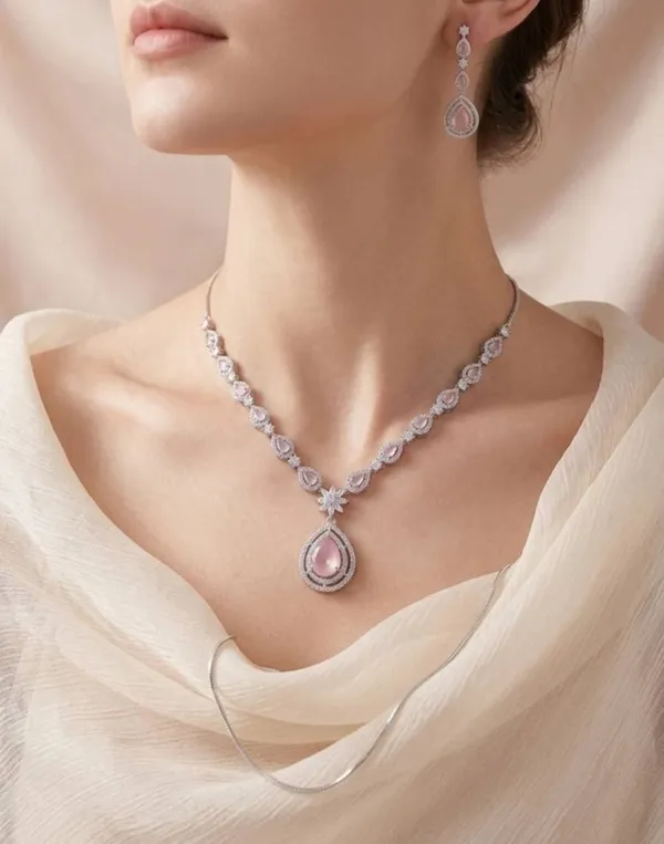Silver_Tone_Pink_Stone_Necklace_And_Earrings_Set_for_Women