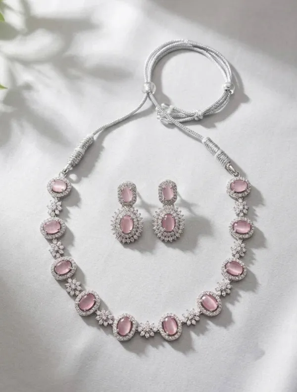 Silver_Tone_Pink_Stone_Necklace_And_Earrings_Set_for_Women