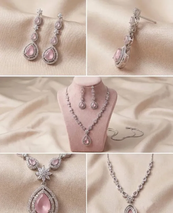 Silver_Tone_Pink_Stone_Necklace_And_Earrings_Set_for_Women