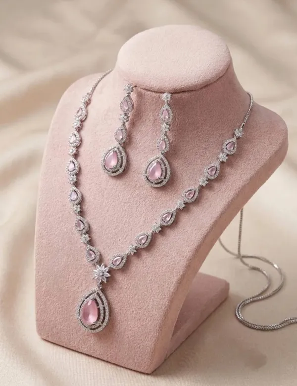 Silver_Tone_Pink_Stone_Necklace_And_Earrings_Set_for_Women