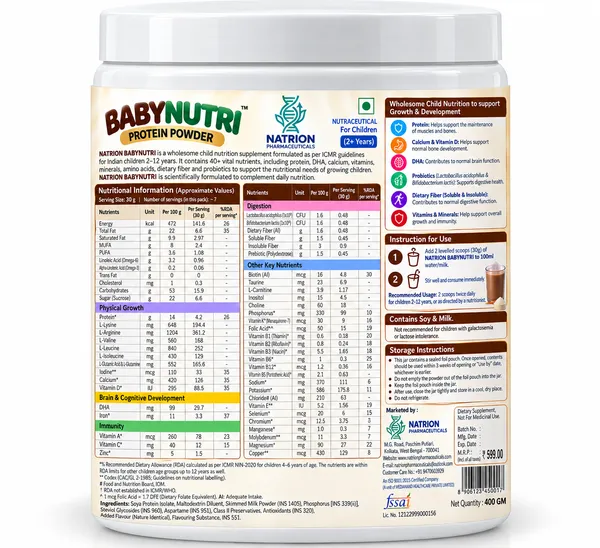 NATRION_BABYNUTRI_Protein_Powder_for_Kids_(2+_Years)_|_Complete_Nutrition_for_Growth,_Height,_Brain_&_Immunity_|_24_Essential_Nutrients_with_DHA_&_Probiotics_|_Delicious_Chocolate_Flavour,_400g