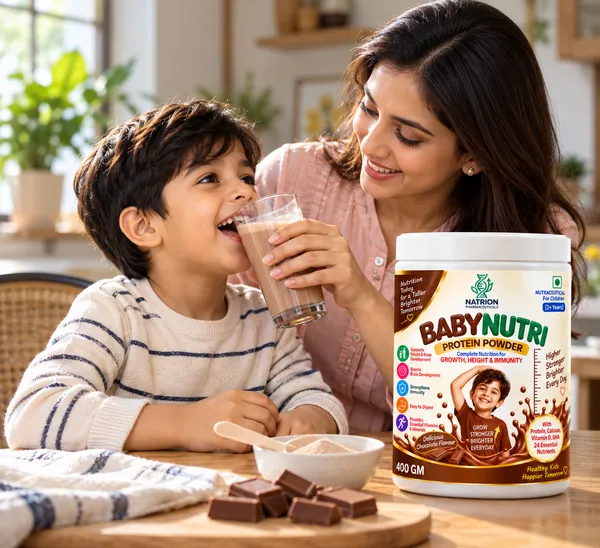 NATRION_BABYNUTRI_Protein_Powder_for_Kids_(2+_Years)_|_Complete_Nutrition_for_Growth,_Height,_Brain_&_Immunity_|_24_Essential_Nutrients_with_DHA_&_Probiotics_|_Delicious_Chocolate_Flavour,_400g
