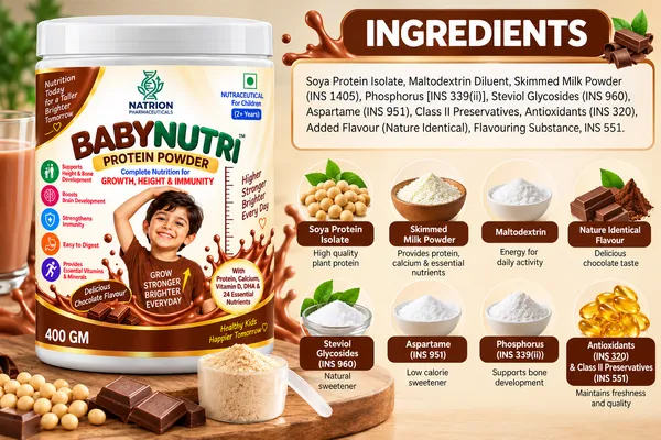 NATRION_BABYNUTRI_Protein_Powder_for_Kids_(2+_Years)_|_Complete_Nutrition_for_Growth,_Height,_Brain_&_Immunity_|_24_Essential_Nutrients_with_DHA_&_Probiotics_|_Delicious_Chocolate_Flavour,_400g